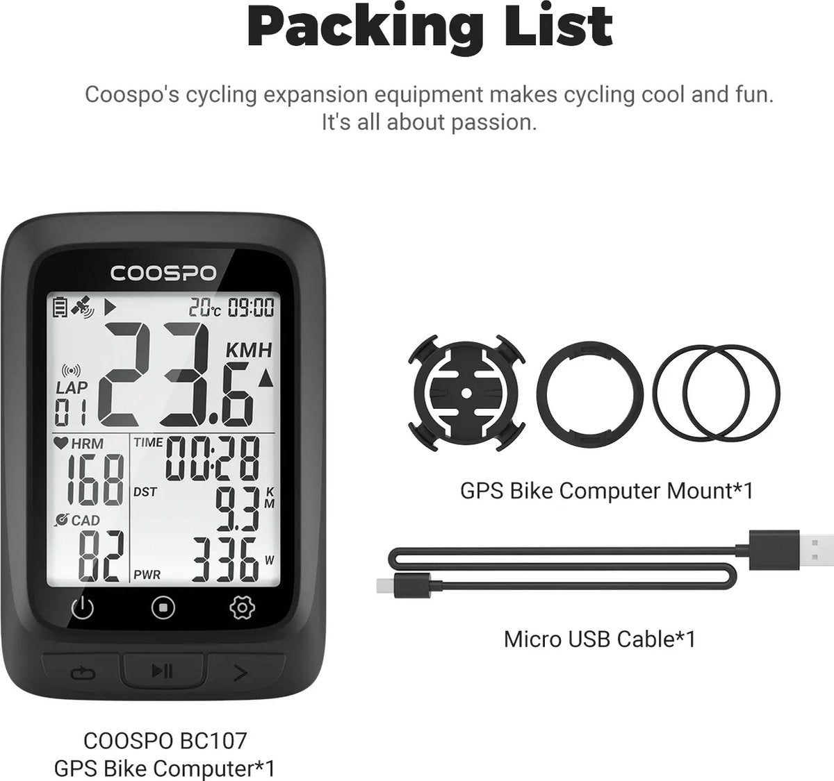 Coospo - BC107 - Draadloze GPS Fietscomputer met ANT+ communicatie