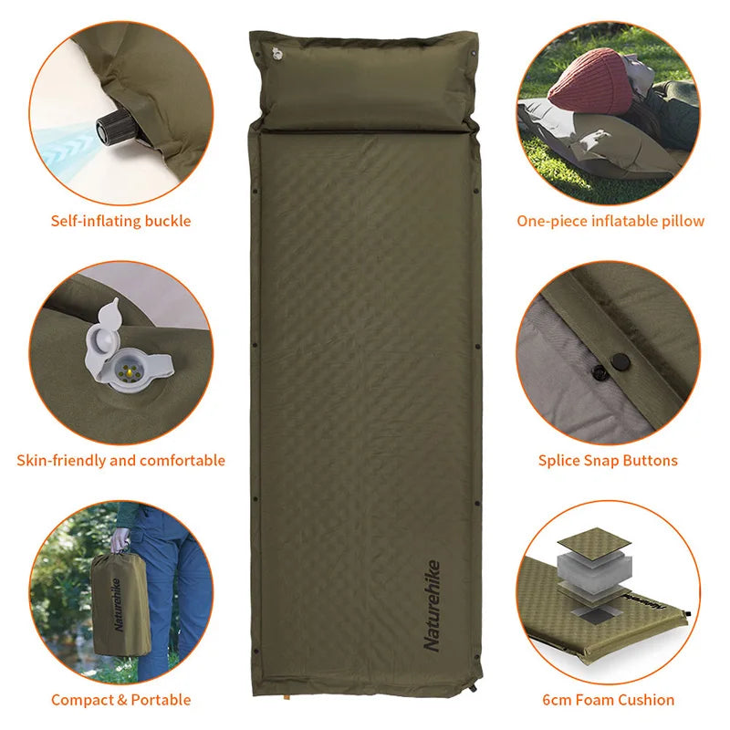 Naturehike - Luchtmatras D01 6 cm - Zelfopblazende Mat met Ingebouwd Kussen